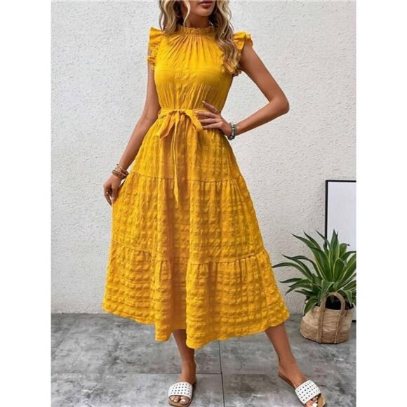 A Classy Chic Boutique Dresses & Skirts - Tied Ruffled Cap Sleeve Midi Dress